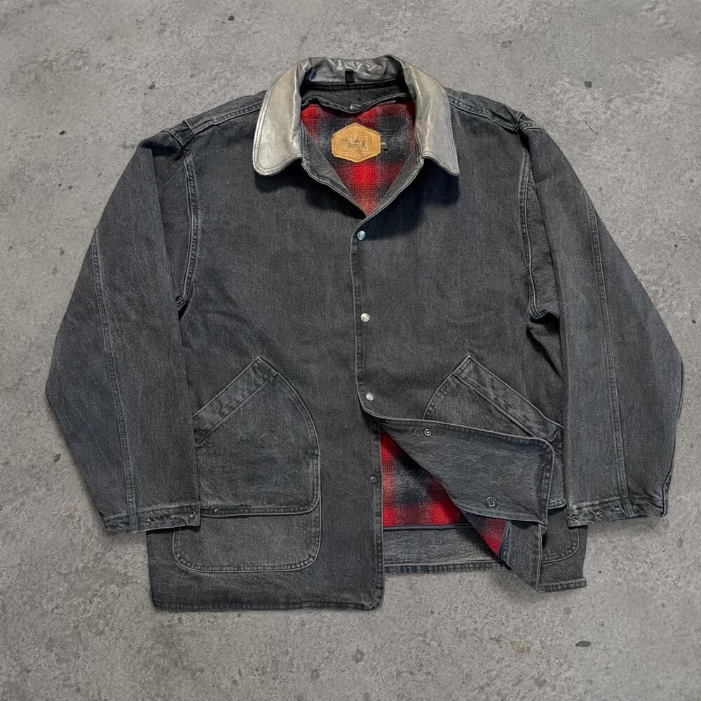 Vintage 1990’s Woolrich Black Chore Denim Coat Snap Up Flannel Lined Mens Sz XL